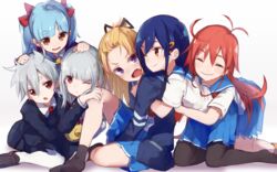  1boy 6+girls ;) ^_^ ahoge black_pantyhose black_socks blazer blonde_hair blue_hair blush brown_eyes closed_eyes commentary_request flip_flappers girl_sandwich grey_hair hair_ribbon hand_on_another&#039;s_head hug hug_from_behind jacket kokomine_cocona long_hair makihitsuji multiple_girls no_shoes nyunyu one_eye_closed orange_hair pantyhose papika_(flip_flappers) purple_eyes red_eyes red_hair ribbon sandwiched school_uniform serafuku short_hair silver_hair simple_background sitting skirt smile socks thick_eyebrows toto_(flip_flappers) twintails white_background white_legwear yayaka yuyu_(flip_flappers) 