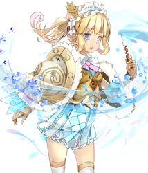  :o armor blonde_hair blue_eyes brown_gloves commentary_request cube female gloves hair_rings hairband last_period lisa_(last_period) looking_at_viewer radiosity_(yousei) shoulder_armor skirt solo standing thighhighs twintails wand white_skirt white_thighhighs 