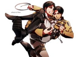  2boys ascot bad_id bad_pixiv_id belt black_eyes black_hair boots carrying emblem eren_yeager jacket levi_(shingeki_no_kyojin) multiple_boys otani_(gloria) paradis_military_uniform princess_carry shingeki_no_kyojin survey_corps_(emblem) thigh_strap whip 