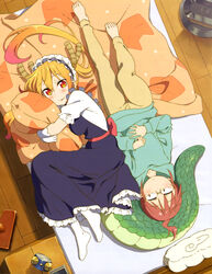  2girls absurdres barefoot bed blonde_hair dragon_horns dragon_tail hand_on_own_stomach highres hood hoodie horns hugging_object kadowaki_miku kobayashi-san_chi_no_maidragon kobayashi_(maidragon) long_hair lying maid maid_headdress multiple_girls no_shoes official_art on_back on_bed on_side pants pillow pillow_hug ponytail scales side-by-side skirt slit_pupils tail tohru_(maidragon) twintails 