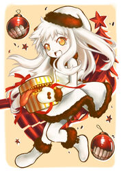  :d abyssal_ship box colored_skin commentary_request dress female gift gift_box hat highres holding horns kantai_collection long_hair looking_at_viewer machinery mittens northern_ocean_princess open_mouth orange_eyes piano-alice santa_hat smile solo white_dress white_hair white_mittens white_skin 