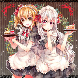  2girls apron blonde_hair cake commentary food kagerou_project kisaragi_momo kozakura_marry long_hair maid maid_headdress multiple_girls photoshop_(medium) red_eyes russian_commentary side_ponytail teka white_hair yellow_eyes 