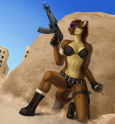  ak_platform aks-74u anthro assault_rifle banana_magazine bandolier bikini biped boots bra breasts brown_body brown_fur building clothing dust elvofirida explosives female footwear fur grenade gun hair highlights_(coloring) hyena kneeling knife mammal markings multicolored_hair navel open_mouth outside purple_eyes purple_highlights ranged_weapon rifle rubble smoke smoking_gun solo spots spotted_body spotted_fur spotted_hyena swimwear tail tan_body tan_fur two_tone_hair underwear war weapon wraps 