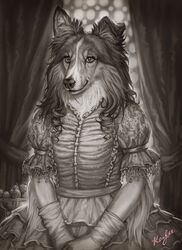  anthro arm_tuft balaa canid canine canis clothing domestic_dog dress elbow_tuft female food fruit gloves greyscale handwear herding_dog inside looking_at_viewer mammal monochrome pastoral_dog plant smile solo strawberry tuft whiskers 