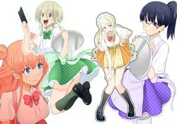  4girls apron bad_id bad_twitter_id black_legwear blonde_hair blue_eyes bow bowtie double_bun glasses green_legwear hair_bun headdress hoshino_me_wo_tsubutte. hoshino_misaki kanou_manaka kneehighs komiya_ryouko long_hair matsukata_iori multiple_girls nagashii_kouhei open_mouth orange_hair ponytail purple_eyes smile socks tray waitress white_background 