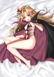  bare_legs barefoot bed_sheet black_cape bow brown_one-piece_swimsuit cape casual_one-piece_swimsuit clothing_cutout commentary_request ehart female flat_chest from_above from_side girls&#039;_frontline hair_ornament hairbow hand_on_own_thigh looking_at_viewer lying m1919a4_(carmilla)_(girls&#039;_frontline) m1919a4_(girls&#039;_frontline) nail_polish navel navel_cutout oerba_yun_fang official_alternate_costume on_side one-piece_swimsuit parted_bangs pointy_ears purple_eyes red_bow red_eyes red_nails skull_hair_ornament slit_pupils solo straight_hair strapless strapless_one-piece_swimsuit swimsuit teeth toenail_polish toenails upper_teeth_only vampire wrist_cuffs 