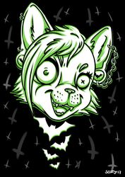  2017 anthro bat creepy digital_media_(artwork) domestic_cat ear_piercing felid feline felis female flesh_tunnel fur gauged_ear hair halloween headshot_portrait holidays insane looking_at_viewer mammal open_mouth piercing portrait simple_background smile solo teeth thebadnewsbear tricolor 