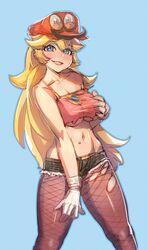  adapted_costume blonde_hair blue_background blue_eyes blush body_piercings bow_(bhp) breasts cappy_(mario) crop_top cutoffs female fishnet_pantyhose fishnets gloves grabbing_own_breast large_breasts long_hair looking_at_viewer mario mario_(series) midriff navel no_bra open_mouth pantyhose possessed princess_peach revision short_shorts shorts solo spaghetti_strap standing strap_slip super_mario_odyssey torn_clothes torn_pantyhose underboob very_long_hair white_gloves 