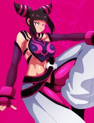  belt breasts eric_lowery gloves juri_han large_breasts looking_at_viewer midriff navel pink_background pink_eyes sitting smile sssonic2 street_fighter street_fighter_iv 