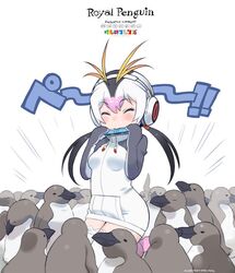  artist_name baby_penguin bird character_name chick commentary_request copyright_name creature_and_personification dated female flock harmonica headphones instrument kemono_friends kneeling logo long_hair multicolored_hair official_art penguin royal_penguin royal_penguin_(kemono_friends) scientific_name signature smile solo thighhighs twintails white_thighhighs yoshizaki_mine 