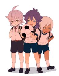  3boys aged_down bad_link ball inazuma_eleven_(series) inazuma_eleven_go izumi_kanaaki kishibe_taiga male_focus multiple_boys open_mouth purple_hair school_uniform simple_background soccer_ball standing telstar tobisawa_mana tokio_neo 