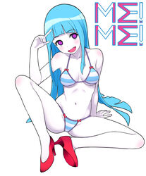  bad_id bad_pixiv_id bare_arms bare_shoulders bikini blue_hair breasts collarbone commentary_request female high_heels large_breasts long_hair long_legs looking_at_viewer me!me!me! meme_(me!me!me!) navel nnyu no_socks open_mouth pale_skin pumps purple_eyes sitting smile solo spread_legs stomach striped_bikini striped_clothes swimsuit underboob very_long_hair 