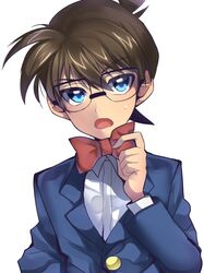  1boy bad_id bad_pixiv_id blue_eyes bow bowtie brown_hair edogawa_conan glasses highres looking_at_viewer maianh male_focus meitantei_conan open_mouth simple_background solo upper_body 