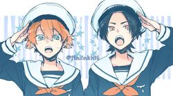  2boys ascot black_hair commentary_request datsugoku_(vocaloid) ikuhiro_(19nnnkti16) kawasemi_(datsugoku) kuina_(datsugoku) lolicon male_focus multiple_boys open_mouth red_eyes red_hair sailor_collar sailor_shirt salute shirt star_(symbol) twitter_username upper_body 