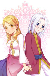  1boy arslan arslan_senki blonde_hair blue_eyes blush breasts cleavage coat dress earrings etoile_(arslan_senki) female jewelry long_hair necklace open_mouth pants short_hair white_hair yellow_eyes 