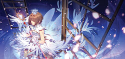  blurry brown_hair cardcaptor_sakura cardcaptor_sakura_clear_card_arc closed_eyes closed_mouth commentary_request crown crystal dated depth_of_field dress female gloves holding holding_wand j_315_(jean) kinomoto_sakura kinomoto_sakura_(crystal_feather_dress) petals photoshop_(medium) see-through short_hair signature sleeveless sleeveless_dress solo staff wand white_dress white_gloves wings 