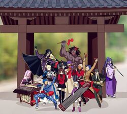  6+boys 6+girls ahoge anger_vein archer_(fate) armor armored_dress artoria_pendragon_(fate) bare_shoulders black_gloves black_hair black_necktie black_skirt black_thighhighs blazer blindfold blonde_hair blue_bodysuit blue_hair blurry bodysuit bow bracer cape chinese_commentary cloak coat collar commentary_request covering_own_ears cu_chulainn_(fate) cu_chulainn_(fate/stay_night) dark-skinned_male dark_skin depth_of_field detached_sleeves dizi dress drum erhu faceless faceless_female faceless_male facial_mark fate/stay_night fate_(series) flute forehead_mark formal gauntlets glasses gloves gong guzheng hair_bun hair_ribbon hairbow hat heracles_(fate) homurahara_academy_school_uniform hood hooded_cloak instrument jacket japanese_clothes kuaiban kuzuki_souichirou lolicon long_hair long_skirt long_sleeves matou_sakura matou_shinji medea_(fate) medusa_(fate) medusa_(rider)_(fate) meme motion_lines multiple_boys multiple_girls music necktie open_mouth pants parody pauldrons pink_footwear pink_hair pipa_(instrument) playing_instrument ponytail purple_hair purple_ribbon red_bow red_coat ribbon saber_(fate) sasaki_kojirou_(fate) school_uniform sheng_(instrument) shirt short_hair shoulder_armor single_hair_bun sitting skirt strapless strapless_dress suit suona temple thighhighs tohsaka_rin transverse_flute trench_coat trumpet trumpet_boy_(meme) twintails two_side_up white_hair white_shirt white_skirt wide_sleeves xiao_(instrument) yangqin yaogu yaoshi_jun zettai_ryouiki 