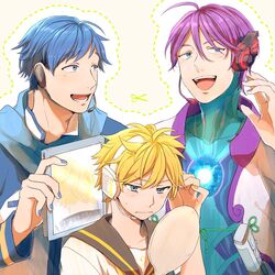  3boys ahoge alternate_hair_length alternate_hairstyle blonde_hair blue_eyes blue_hair commentary_request creamyya cut-here_line dotted_line headset highres kagamine_len kaito_(vocaloid) kamui_gakupo male_focus mirror multiple_boys nail_polish purple_hair scarf scissors short_hair simple_background smile vocaloid yellow_background yellow_nails 