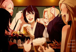  6+girls alcohol arm_up arms_up bad_id bad_pixiv_id bare_shoulders beer beer_mug birthday birthday_party black_eyes black_hair black_kimono blonde_hair blush boruto:_naruto_next_generations breasts cake cherry closed_eyes commentary_request confetti couch cup dated drinking_glass drunk earrings english_text facial_mark fishnets folded_ponytail food forehead_mark fruit grey_kimono happy_birthday high_ponytail highres holding holding_cup indoors ino_yamanaka japanese_clothes jewelry kimono lipstick long_hair makeup mature_female may_c medium_breasts mitarashi_anko mug multiple_girls naruto_(series) one_eye_closed open_mouth parted_bangs party_popper pink_hair profile purple_hair raised_eyebrows red_lips sakura_haruno shizune_(naruto) short_hair signature smile strawberry teeth tsunade_(naruto) upper_body upper_teeth_only yuuhi_kurenai 