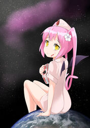  :t absurdres ass bat_wings blood blood_on_face blush borrowed_character commentary_request earth_(planet) ebola-chan female flower giant giantess hair_flower hair_ornament hat highres holding kuku123 long_hair looking_back nurse nurse_cap original personification pink_hair planet pout short_sleeves sitting skull solo space star_(sky) twintails wings yellow_eyes 