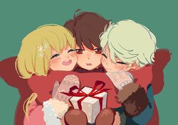  2boys aldnoah.zero asseylum_vers_allusia blonde_hair blush brown_hair chino_kawashiku commentary_request female gift kaizuka_inaho long_hair mittens multiple_boys open_mouth scarf shared_clothes shared_scarf short_hair slaine_troyard smile winter_clothes 