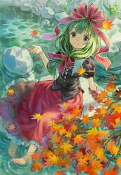  album_cover ama-tou aqua_eyes arm_ribbon arm_support autumn_leaves barefoot blush bow commentary_request cover feet female foxfactory frilled_shirt_collar frilled_skirt frills front_ponytail green_hair hairbow highres kagiyama_hina long_hair looking_at_viewer moss puffy_short_sleeves puffy_sleeves red_skirt ribbon rock shirt short_sleeves sitting sitting_on_rock skirt smile soaking_feet solo toenails toes touhou water 