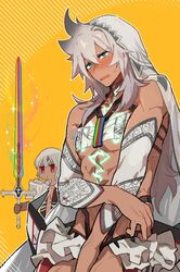  1boy altera_(fate) altera_(fate)_(cosplay) balmung_(fate/apocrypha) bare_shoulders blush commentary_request cosplay costume_switch dark-skinned_female dark_skin detached_sleeves fate/apocrypha fate/grand_order fate_(series) female green_eyes long_hair me_(mikannu) open_mouth photon_ray_(fate) red_eyes siegfried_(fate) siegfried_(fate)_(cosplay) sword veil weapon white_hair 