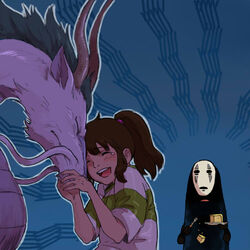  dragon female food haku horns hug kaonashi ogino_chihiro sen_to_chihiro_no_kamikakushi smile studio_ghibli 