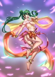  :d anklet ass bare_shoulders bracelet breasts commentary_request dancer double_bun earrings female fire_emblem fire_emblem:_genealogy_of_the_holy_war full_body green_eyes green_hair hair_bun jewelry long_hair looking_at_viewer looking_back medium_breasts midriff open_mouth sideboob silvia_(fire_emblem) sinccubi skirt smile solo thigh_strap thighs twintails 