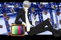  1boy bad_anatomy card commentary_request floating_card grey_hair june183 letterboxed male_focus narukami_yuu persona persona_4 self-upload smile solo television test_card 