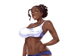  breasts curvy dark_skin earrings female female jewelry large_breasts looking_at_viewer nasu_trisha nipples oh_yes!_kasshoku_bitch_hitozuma_no_seiyoku_kaishou oohara_kyuutarou ring shiny_skin short_ponytail smile solo sports_bra 