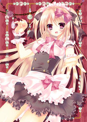  apron blonde_hair commentary_request female himemiya_niina jewelry long_hair looking_at_viewer maid maid_apron open_mouth original photoshop_(medium) pink_eyes ribbon ribbon-trimmed_clothes ribbon-trimmed_collar ribbon_trim smile 