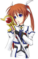  barrier_jacket blue_eyes brown_hair fingerless_gloves gloves hair_ribbon high_res long_hair mahou_shoujo_lyrical_nanoha mahou_shoujo_lyrical_nanoha_a&#039;s open_mouth raising_heart ribbon staff takamachi_nanoha twintails 