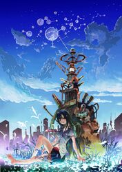  barefoot belt black_hair blue_eyes building city cloud feet girl grass high_res junk kopasnasohon legs long_hair moon navel necktie planet plant pointed_ears school_uniform shirt sit sitting skirt sky space stars tattoo tower 