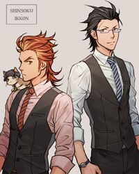  2boys akai_suzaku back-to-back bad_id bad_pixiv_id black_hair blue_eyes formal glasses grey_background grey_eyes hair_slicked_back idolmaster idolmaster_side-m iwa_(iwa000ima) kurono_genbu looking_at_viewer male_focus multicolored_hair multiple_boys necktie nyako_(idolmaster) red_hair scar shinsoku_ikkon_(idolmaster) sideburns simple_background sleeves_rolled_up striped striped_necktie two-tone_hair waistcoat watch wristwatch 