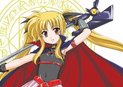  arm_belt bardiche_(assault_form)_(nanoha) bardiche_(nanoha) belt black_gloves black_leotard blonde_hair cape chest_belt commentary_request fate_testarossa fate_testarossa_(lightning_form) female fingerless_gloves gloves hair_ribbon halterneck holding leotard long_hair looking_at_viewer lyrical_nanoha magic_circle magical_girl mahou_shoujo_lyrical_nanoha mahou_shoujo_lyrical_nanoha_a&#039;s overskirt parted_lips red_belt red_eyes ribbon sleeveless smile solo standing twintails two-sided_cape two-sided_fabric upper_body very_long_hair wan&#039;yan_aguda 