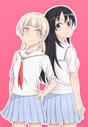  2girls back-to-back black_hair blonde_hair commentary_request erikku_(kata235) hand_on_own_hip multiple_girls original pink_background pink_eyes pleated_skirt purple_eyes school_uniform serafuku simple_background skirt smile twintails 