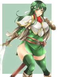  armor belt blush boots breastplate curvy elbow_gloves eyebrows_visible_through_hair female female fire_emblem fire_emblem:_ankoku_ryuu_to_hikari_no_tsurugi fire_emblem:_monshou_no_nazo fire_emblem:_shin_ankoku_ryuu_to_hikari_no_tsurugi fire_emblem:_shin_monshou_no_nazo gloves green_eyes green_hair green_legwear hair_between_eyes headband long_hair looking_at_viewer no_panties paola shiny shiny_hair shoulder_pads sidelocks smile solo solo_focus standing sword thick_thighs thighhighs thighs weapon wide_hips 