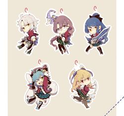  5girls ahoge alisa_reinford aqua_hair ascot bad_id bad_pixiv_id blonde_hair blue_eyes blue_hair boots bow bow_(weapon) braid charm_(object) chibi cockeet dual_wielding eiyuu_densetsu emma_millstein feather_hair_ornament feathers fie_claussell full_body greatsword green_eyes grey_background grey_hair gunblade hair_ornament hairbow holding laura_s._arseid long_hair looking_at_viewer millium_orion miniskirt multiple_girls one_eye_closed open_mouth outline plaid plaid_skirt pleated_skirt ponytail purple_hair red_eyes school_uniform sen_no_kiseki short_hair simple_background skirt smile staff sword thors_military_academy_class_vii_uniform twintails weapon yellow_eyes 