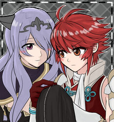  2girls ahoge armor breasts camilla_(fire_emblem_if) fire_emblem fire_emblem_if gloves hair_ornament hinoka_(fire_emblem_if) long_hair multiple_girls purple_eyes purple_hair red_eyes red_hair scarf sewing short_hair 