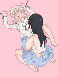  2girls barefoot black_hair blonde_hair commentary_request erikku_(kata235) feet highres long_hair multiple_girls original school_uniform skirt strangling twintails 