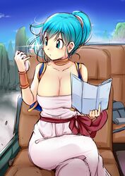  arabian_clothes arm_up blue_eyes blue_hair blue_sky blue_vest bracelet breasts bulma_briefs car car_interior choker cleavage cloud collarbone commentary_request crossed_legs day dragon_ball dragon_ball_(classic) dragon_radar female glint gold_trim holding holding_map jewelry katori_(mocchidou) long_hair looking_at_object map map_(object) medium_breasts motor_vehicle mountain outdoors pants parted_lips ponytail raised_eyebrows shirt sitting sky solo vest white_pants white_shirt 