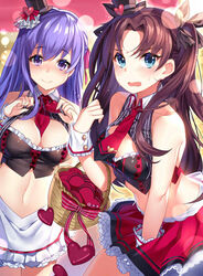  2girls basket blue_eyes blush breasts brown_hair cleavage commentary_request covering_privates embarrassed fate/grand_order fate/stay_night fate_(series) gendo0032 hat heart long_hair looking_at_viewer matou_sakura matou_sakura_(street_choco-maid) medium_breasts miniskirt multiple_girls navel open_mouth purple_eyes purple_hair siblings sisters skirt small_breasts smile sweatdrop tohsaka_rin tohsaka_rin_(street_choco-maid) valentine 