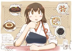  akagi_(kancolle) black_spaghetti brown_eyes brown_hair doria_(food) drooling female food highres hungry japanese_clothes kantai_collection long_hair margherita_pizza muneate nagumo_(nagumon) pasta pizza restaurant saizeriya sitting solo spaghetti steak straight_hair tasuki translated upper_body 