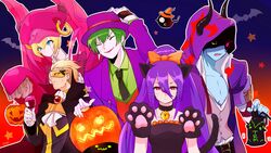  3boys alternate_color android animal_ears arakune arc_system_works artist_request bare_shoulders blazblue blonde_hair bow cape cat_ears cat_paws cat_tail closed_eyes facial_hair fake_animal_ears fedora female fingerless_gloves gloves green_hair hades_izanami hair_between_eyes hairbow halloween hat hazama hood horns ignis_(blazblue) long_hair mask mikado_(blazblue) multiple_boys oerba_yun_fang open_mouth paws ponytail purple_hair red_eyes relius_clover short_hair smile stubble sweatdrop tail wine_glass yuuki_terumi 