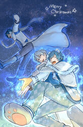  3boys acrophobia animal_ears argyle_clothes argyle_pants bear_ears blue_hair blue_scarf boots christmas clinging coat commentary_request creamyya earmuffs jumping kaito_(vocaloid) male_focus merry_christmas multiple_boys night night_sky open_mouth pants paw_shoes project_diva_(series) scared scarf shoes sky smile snowflakes sweat vocaloid yuki_kaito 