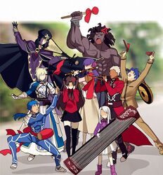  4boys 5girls ahoge anger_vein archer_(fate) armor armored_dress artoria_pendragon_(fate) black_gloves black_hair black_skirt black_thighhighs blonde_hair blue_bodysuit blue_hair blurry bodysuit bow bracer cape chinese_commentary cloak coat commentary_request covering_own_ears cu_chulainn_(fate) cu_chulainn_(fate/stay_night) dark-skinned_male dark_skin depth_of_field dizi dress drum erhu faceless fate/stay_night fate_(series) flute gauntlets gloves guzheng hair_bun hair_ribbon hairbow hat heracles_(fate) homurahara_academy_school_uniform hood hooded_cloak instrument lolicon long_hair long_skirt long_sleeves matou_sakura matou_shinji medea_(fate) meme multiple_boys multiple_girls music open_mouth parody pauldrons pink_footwear pipa_(instrument) playing_instrument ponytail purple_hair purple_ribbon red_bow red_coat ribbon saber_(fate) school_uniform short_hair shoulder_armor single_hair_bun skirt suona thighhighs tohsaka_rin transverse_flute trench_coat trumpet trumpet_boy_(meme) twintails two_side_up white_hair white_skirt yaoshi_jun zettai_ryouiki 