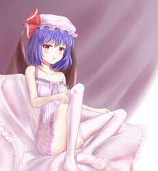  absurdres adjusting_clothes adjusting_legwear ass babydoll bare_shoulders blush breasts collarbone commentary_request demon_wings doge_(jkdoge) female hair_between_eyes hat hat_ribbon highres indoors looking_at_viewer medium_hair mob_cap open_mouth purple_hair red_eyes remilia_scarlet ribbon small_breasts solo strap_slip thighhighs touhou white_thighhighs wings 