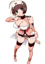  ahoge boots breasts brown_hair cleavage commentary_request female green_eyes harada_makoto hat hirose_(mokiki) large_breasts leotard medic nurse_cap pink_footwear pink_leotard short_hair solo thigh_boots thighhighs uchuu_senkan_yamato uchuu_senkan_yamato_2199 