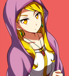  arslan_senki blonde_hair breasts cloak dress earrings etoile_(arslan_senki) female jewelry long_hair looking_at_viewer necklace pink_background yellow_eyes 